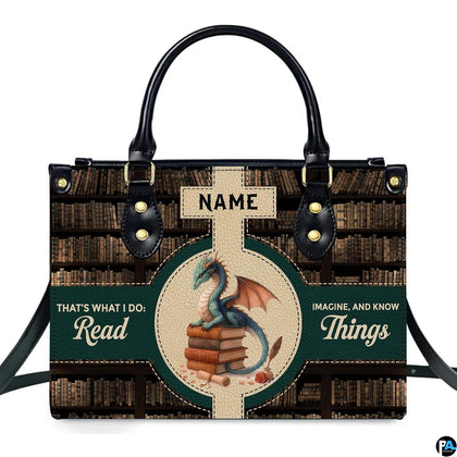 Front studio view of mythical dragon accessory displaying bookish library shelves on white background.
