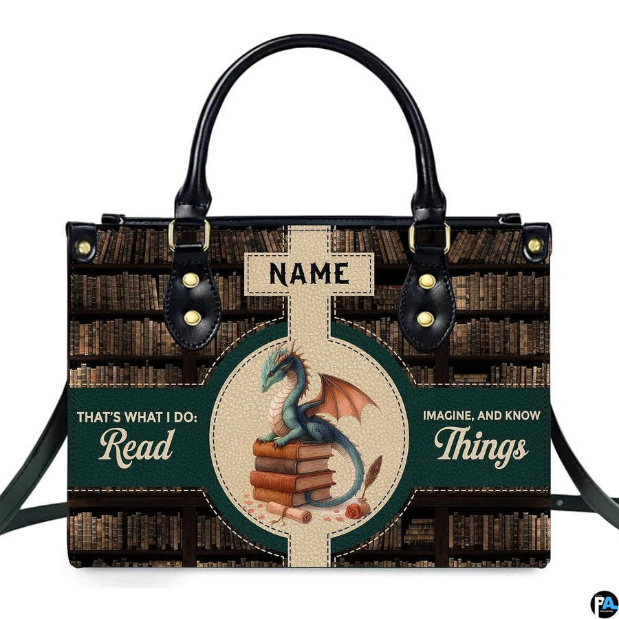 Front studio view of mythical dragon accessory displaying bookish library shelves on white background.