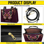 Side profile view of plum butterfly handbag highlighting structured depth