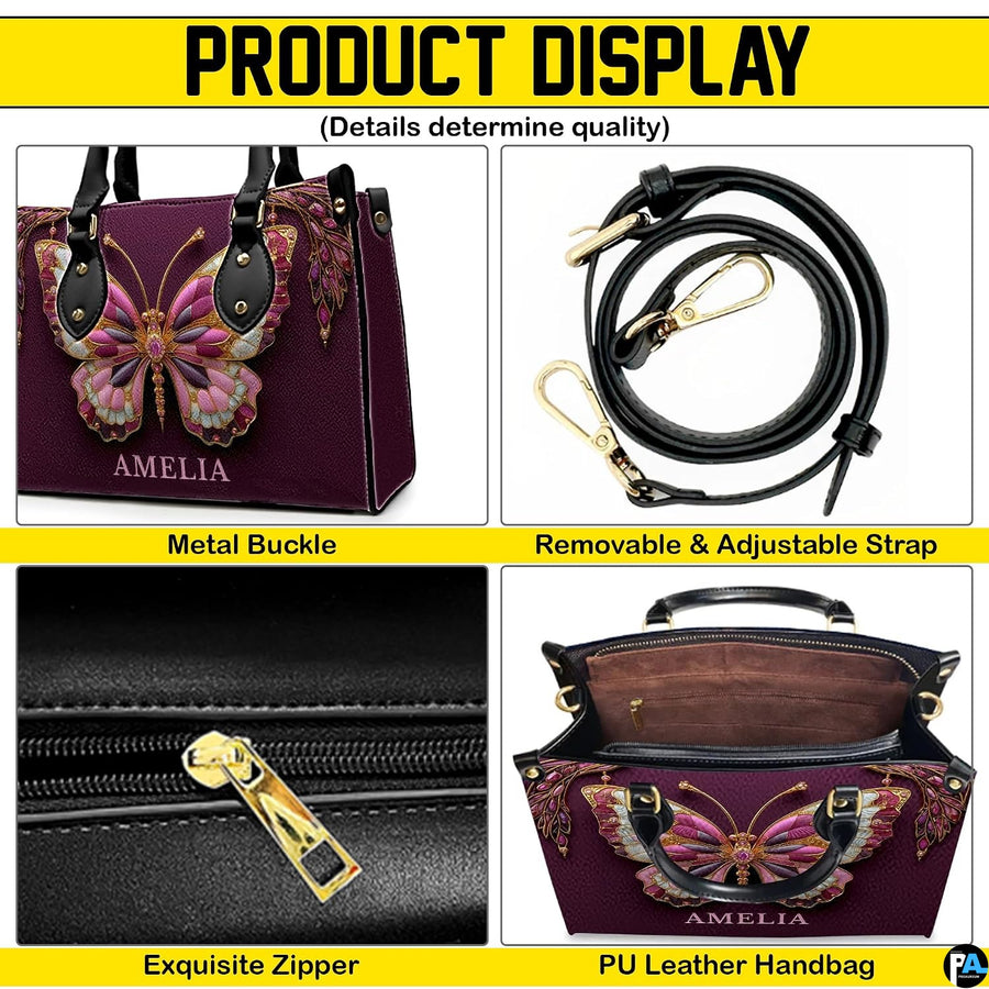 Side profile view of plum butterfly handbag highlighting structured depth