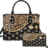Leopard Print Quilted Gold Heart Handbag and Matching Wallet Set