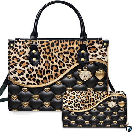 Front view of leopard print and black quilted gold heart handbag with matching wallet set.