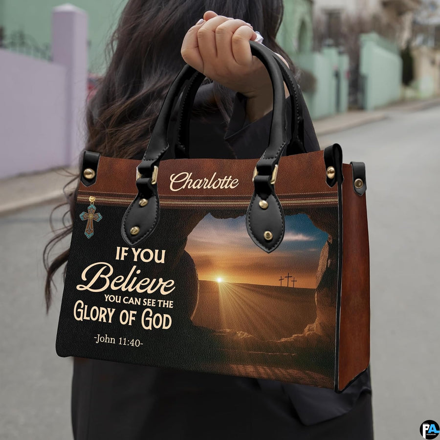 Side profile showing structured silhouette and brown textured finish of Easter sunrise handbag.