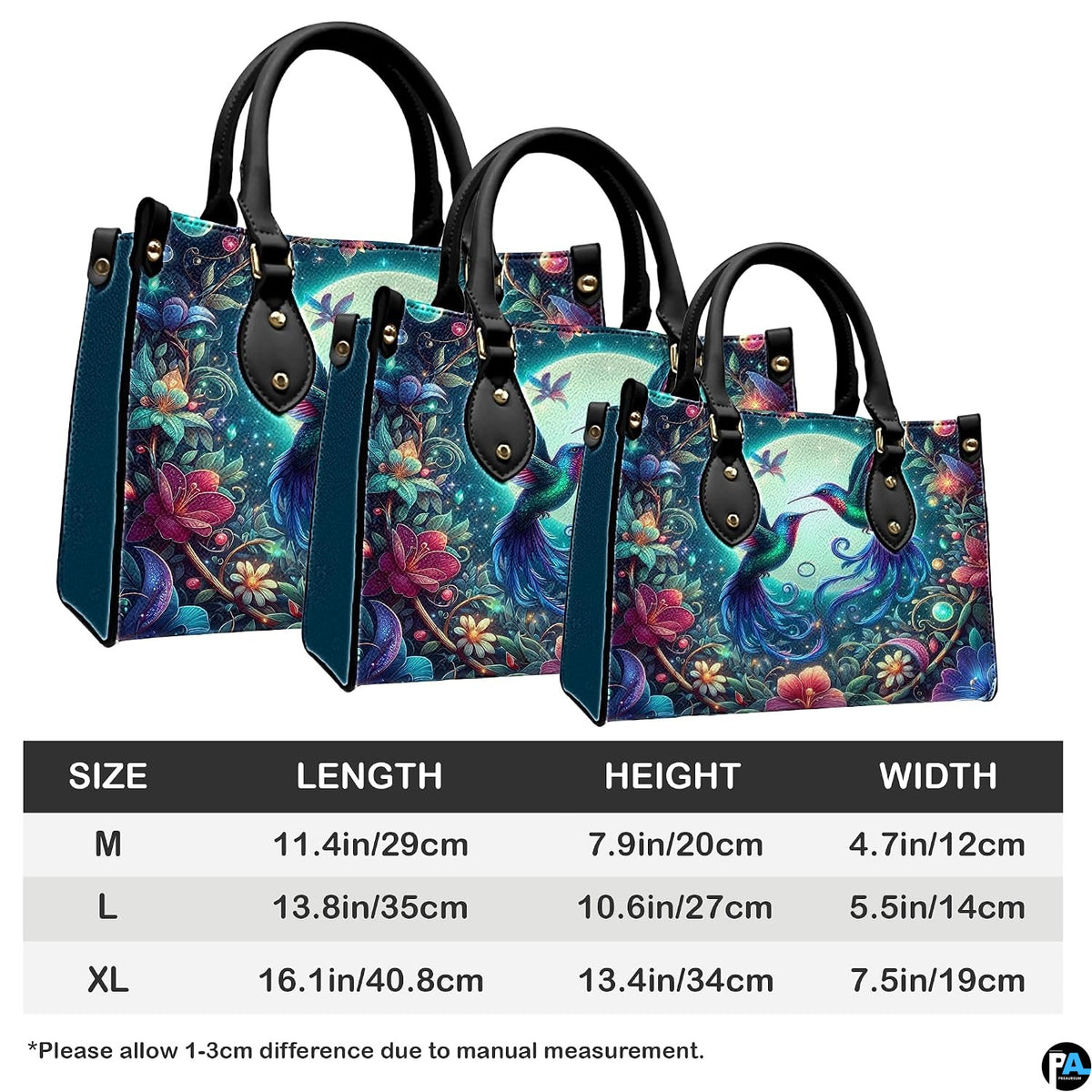 Three sizes of handbag shown in graduated display with length, height, and width dimension chart.