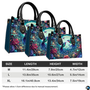 Three sizes of handbag shown in graduated display with length, height, and width dimension chart.