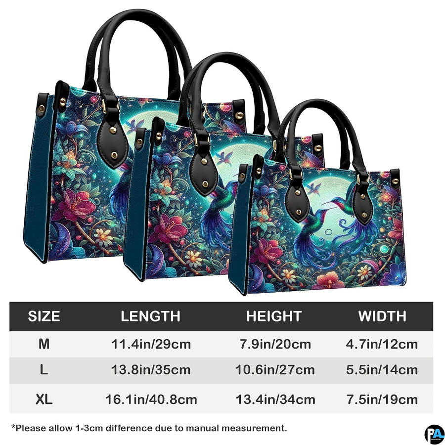 Three sizes of handbag shown in graduated display with length, height, and width dimension chart.