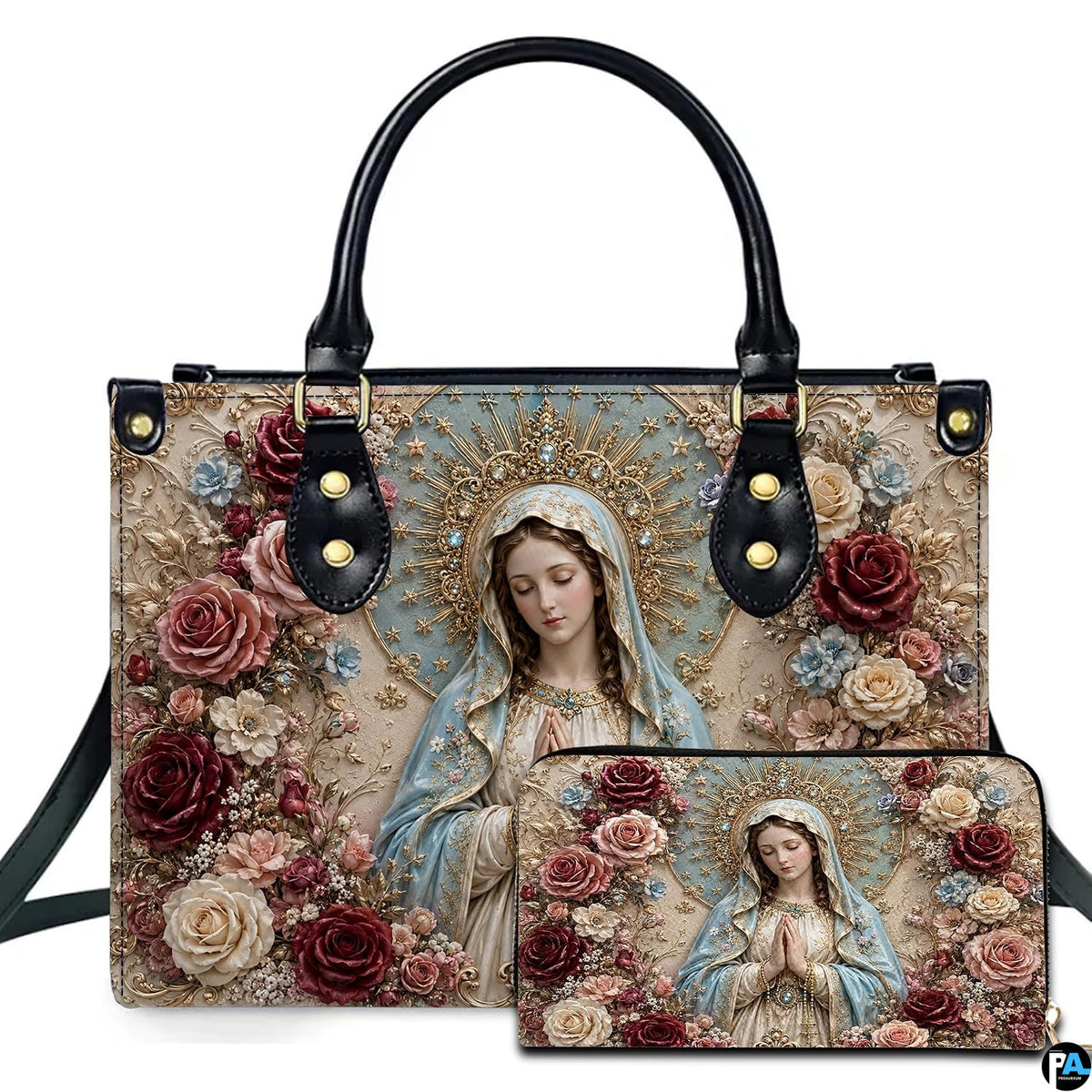 Baroque Virgin Mary with golden crown and burgundy rose wreath on handbag with matching wallet