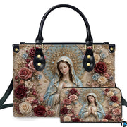 Baroque Virgin Mary with golden crown and burgundy rose wreath on handbag with matching wallet