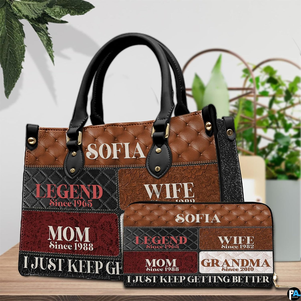 Coordinated arrangement of patchwork handbag and wallet presenting the unified multi-textured theme.