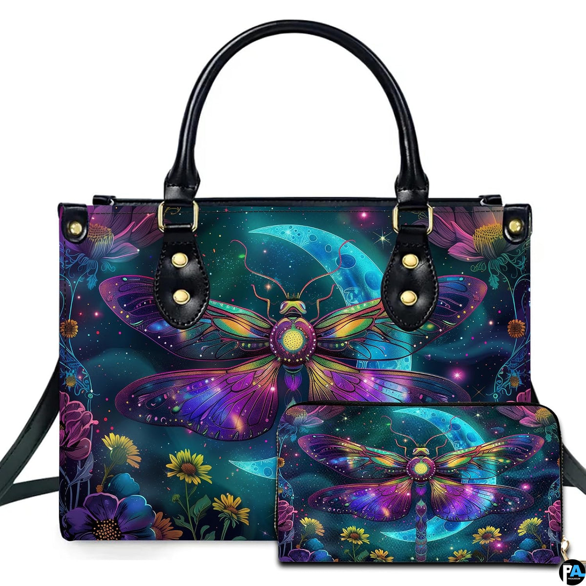 Celestial moth and crescent moon handbag and wallet set displayed together on white background