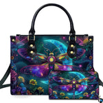 Celestial moth and crescent moon handbag and wallet set displayed together on white background
