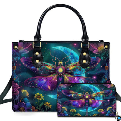 Celestial moth and crescent moon handbag and wallet set displayed together on white background