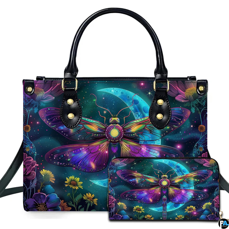 Celestial moth and crescent moon handbag and wallet set displayed together on white background