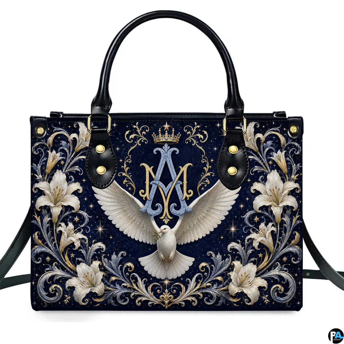 Interior view of Marian crest handbag showing interior lining and compartment layout