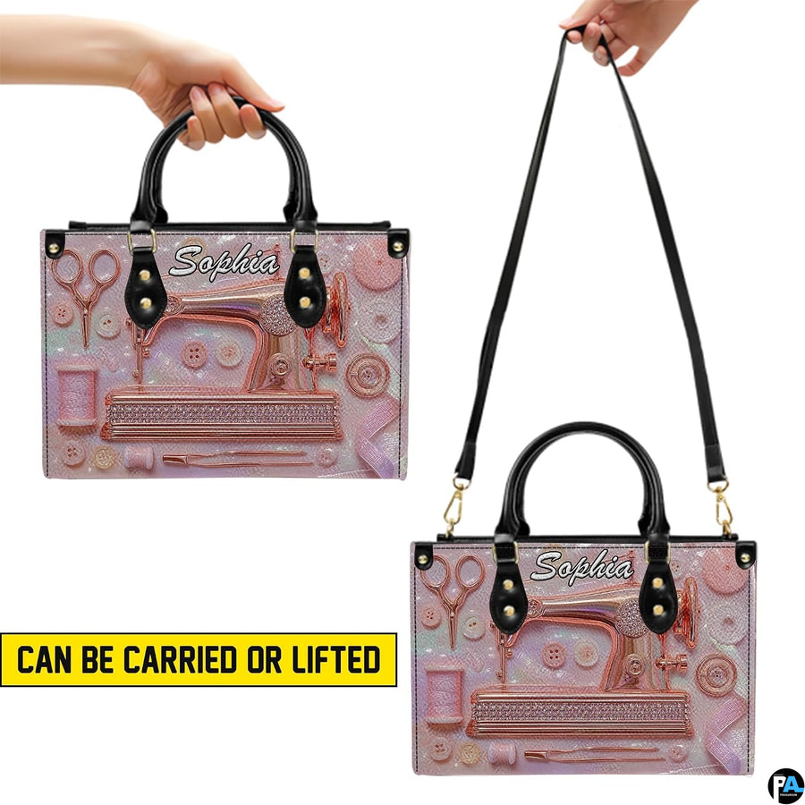 Visual demonstration graphic showcasing dual elevated positions for rose gold sewing machine design.