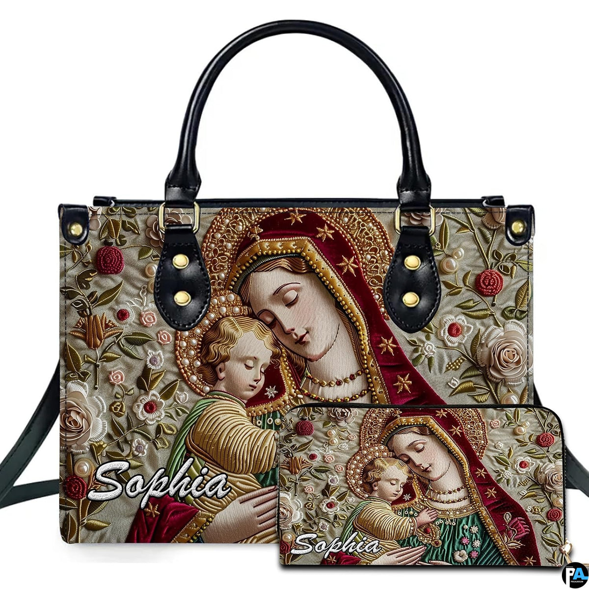 Embroidered Virgin Mary Madonna and Child artwork on coordinated handbag and wallet set