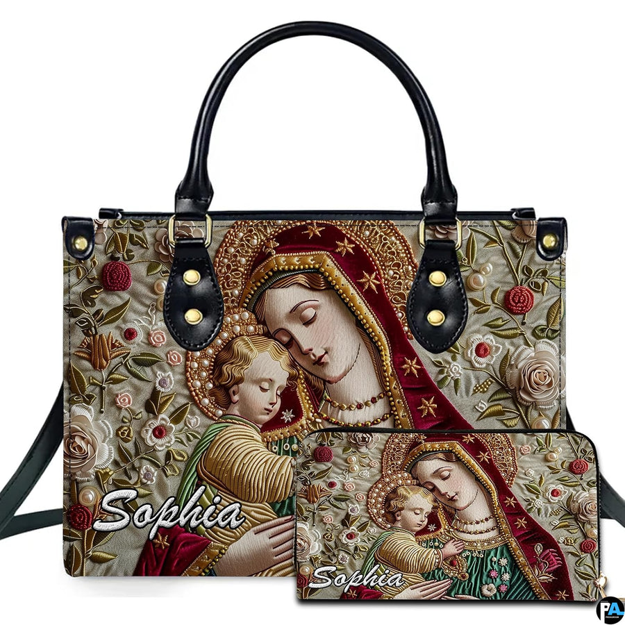 Embroidered Virgin Mary Madonna and Child artwork on coordinated handbag and wallet set