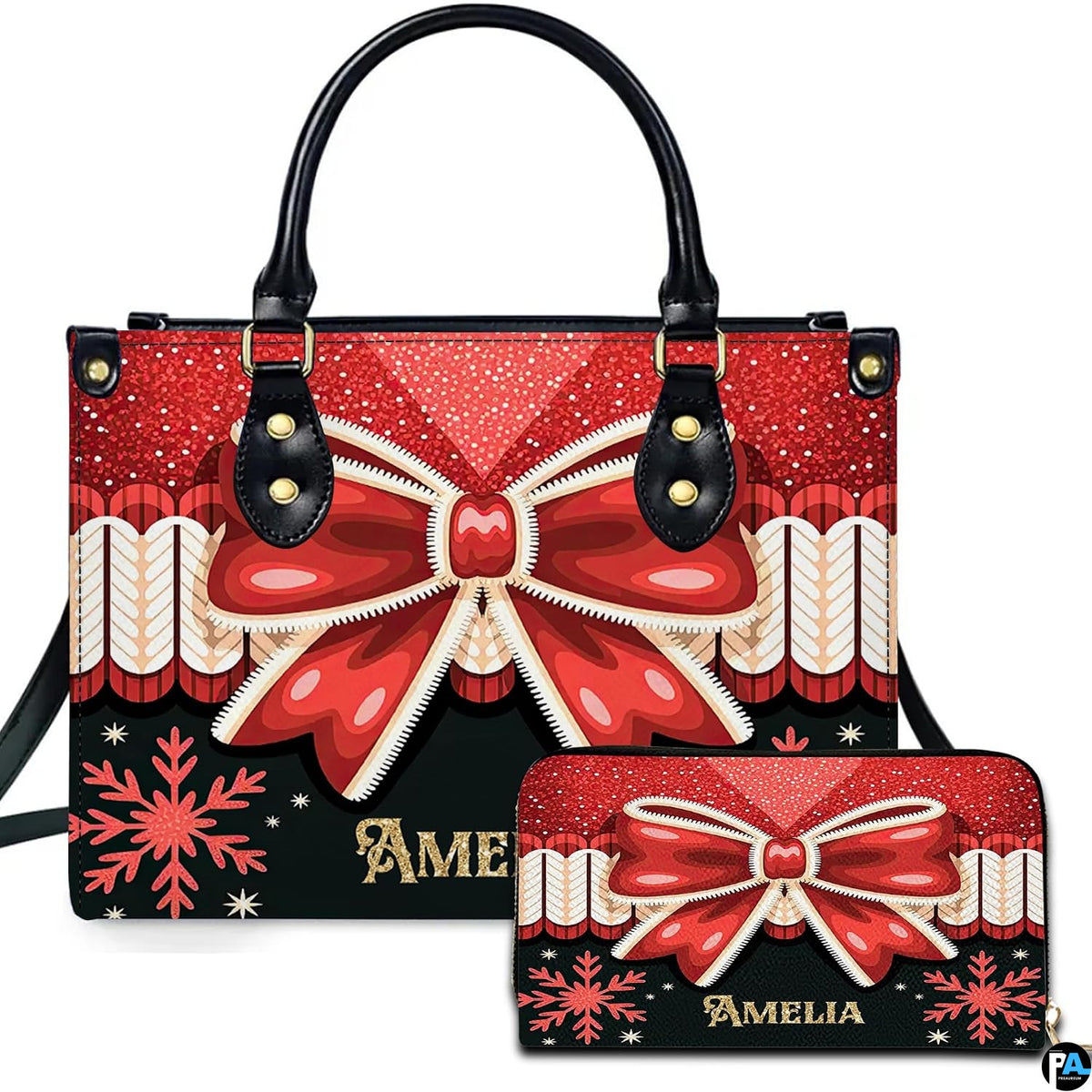 Christmas bow handbag featuring sparkling red glitter upper half and snowflake pattern on black lower panel.