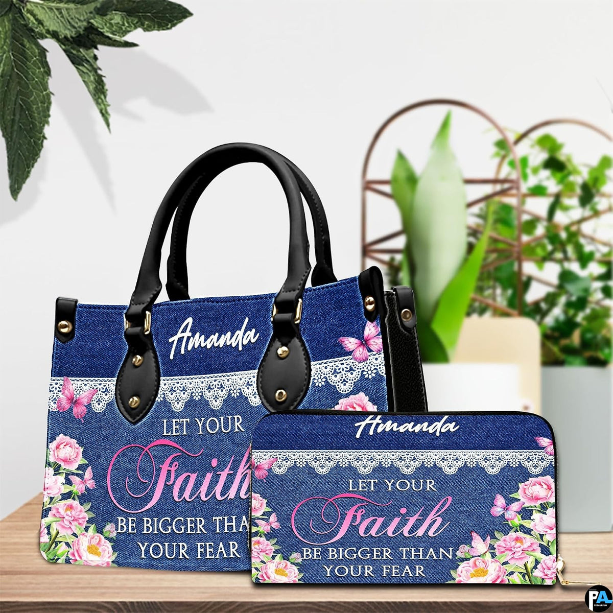 Front view showing denim texture, white lace trim, pink peonies, and typography