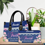 Front view showing denim texture, white lace trim, pink peonies, and typography