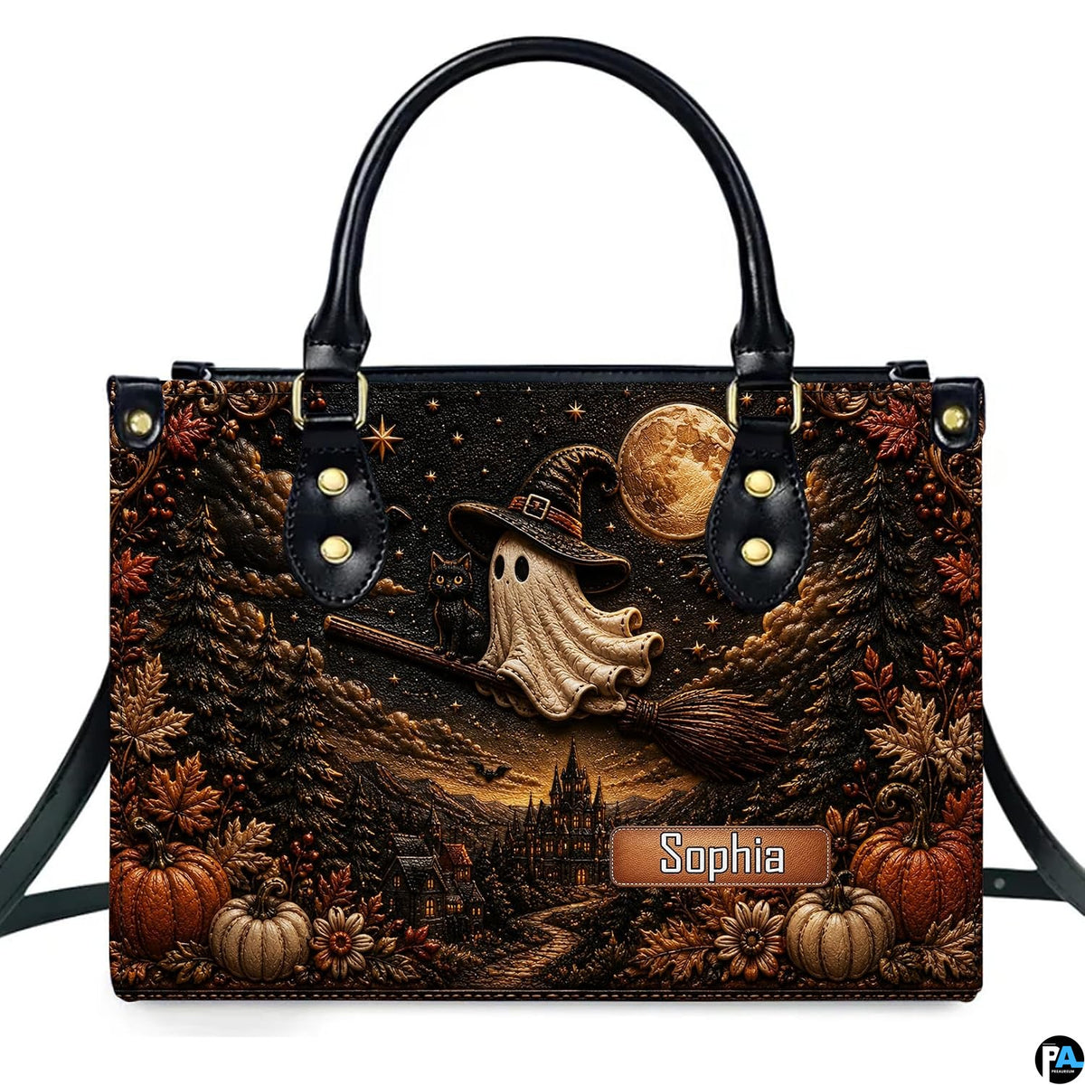 Front view of structured satchel displaying ghost witch broomstick flight and pumpkin harvest illustration.