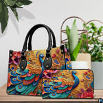 Peacock handbag and matching wallet with ornate floral artwork