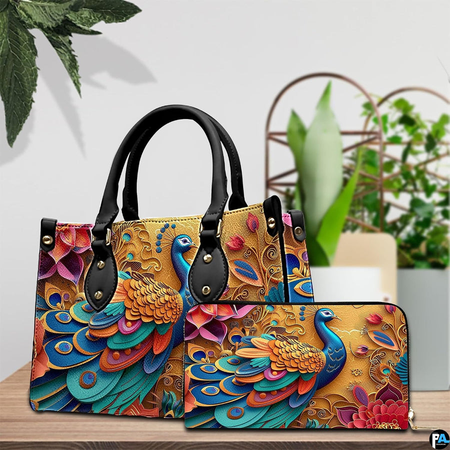Peacock handbag and matching wallet with ornate floral artwork