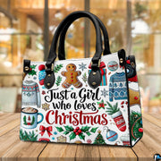 Side perspective view of hot cocoa purse highlighting structured shape and carrying handles.
