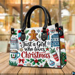 Side perspective view of hot cocoa purse highlighting structured shape and carrying handles.