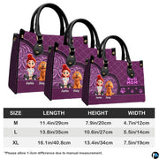 Side perspective view of purple dog lover handbag and wallet showing structured profile