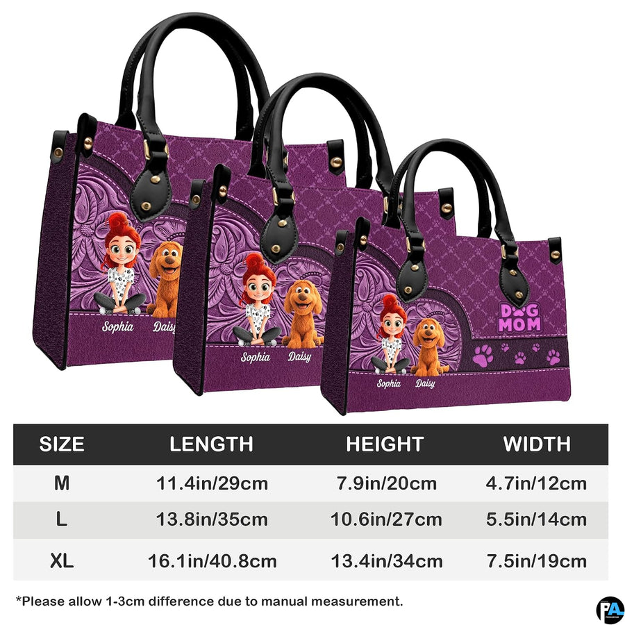 Side perspective view of purple dog lover handbag and wallet showing structured profile