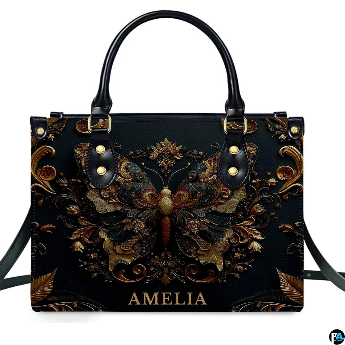 Straight-on studio portrait of antique gold butterfly handbag against solid white background
