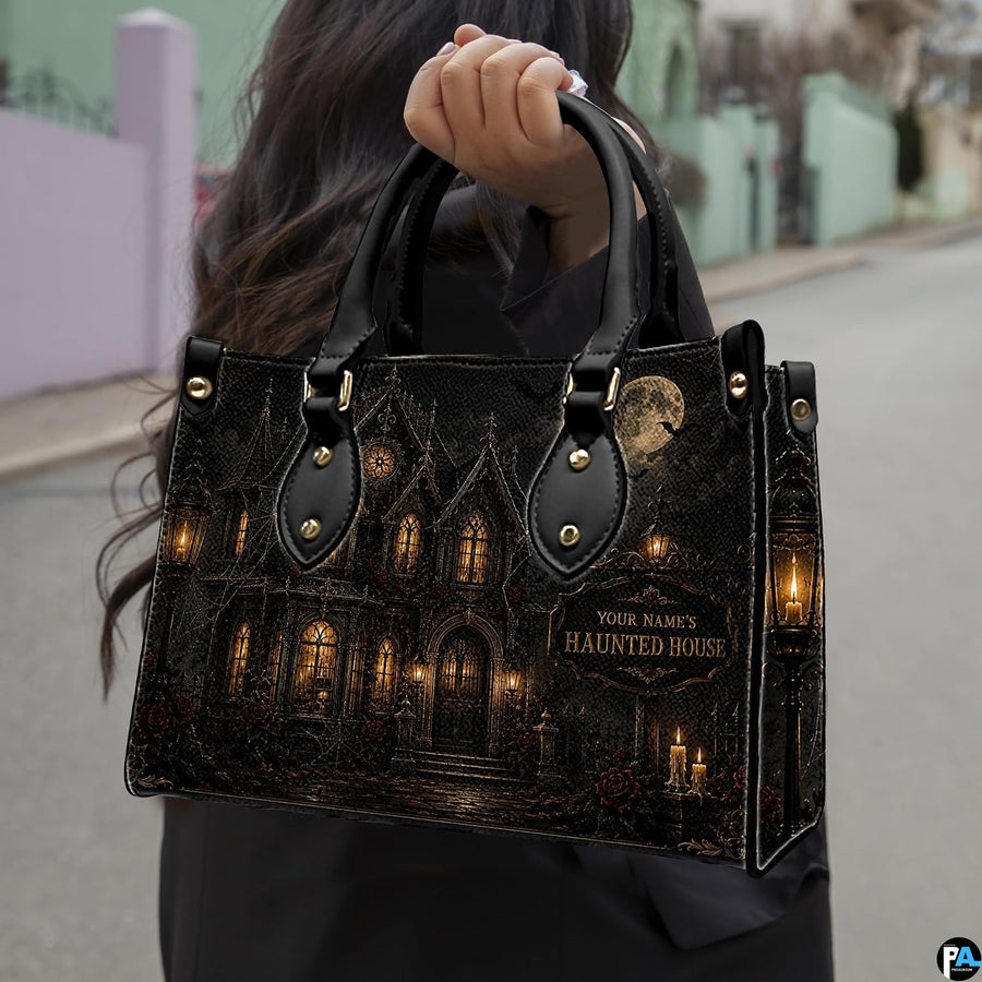 Front view of gothic mansion art featuring glowing arched windows, webs, and night skies.