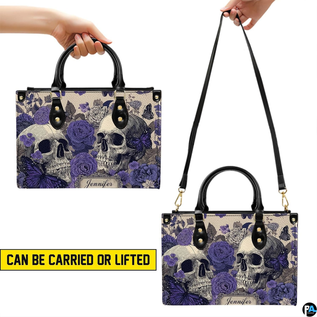 Violet skull handbag carrying demonstration showing top handle and shoulder strap carry.