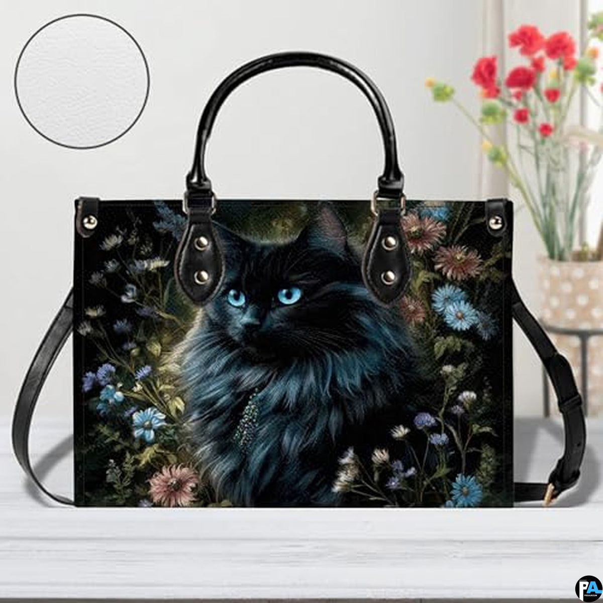 Black Cat Leather Bag – Vintage Cat Art Handbag, Stylish Animal-Themed Purse, Unique Gift for Cat Lovers