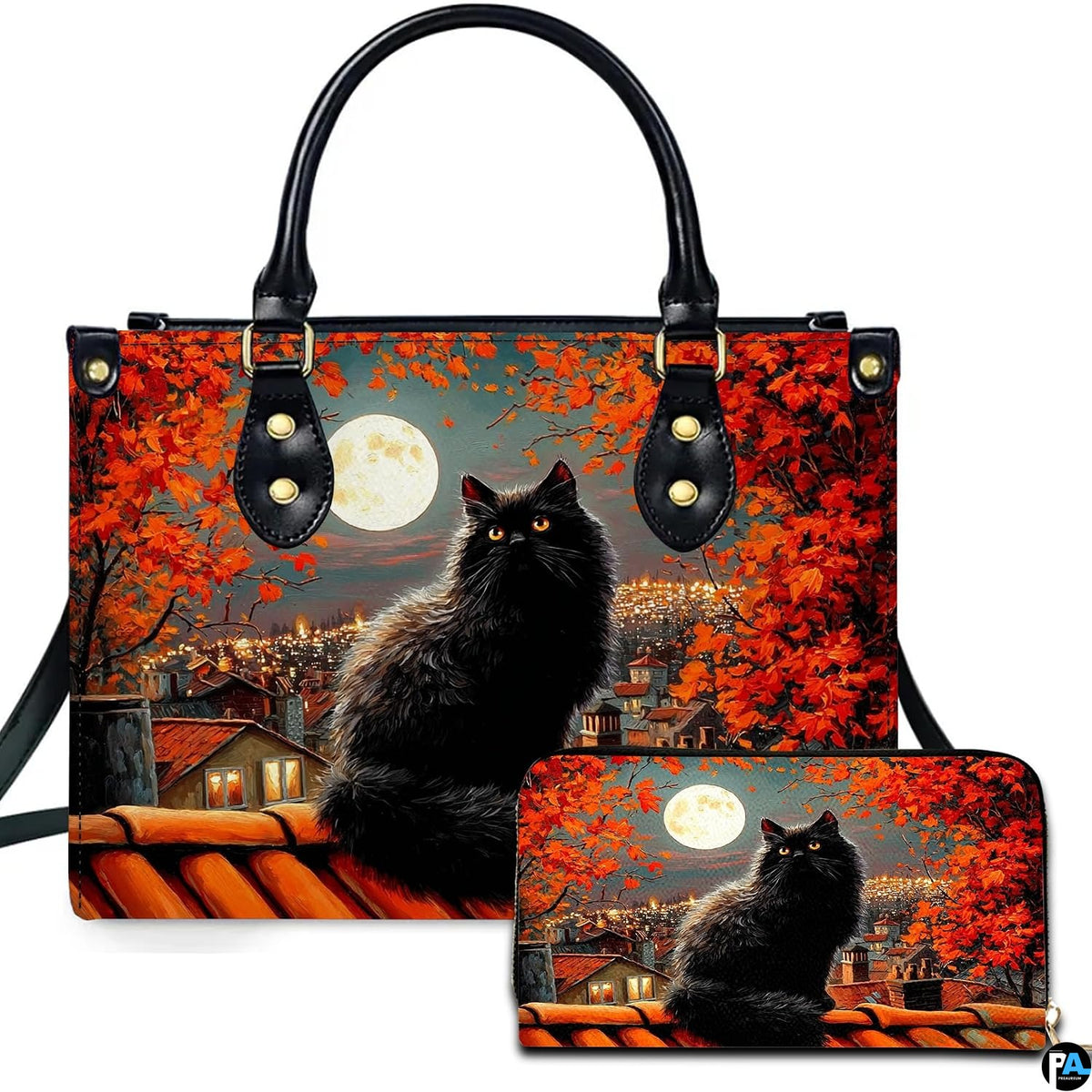 Black Cat Leather Bag – Vintage Cat Art Handbag, Stylish Animal-Themed Purse, Unique Gift for Cat Lovers
