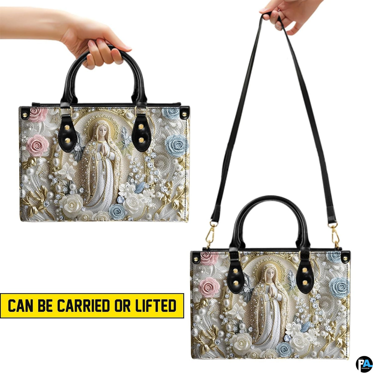 Back view of pearl Madonna handbag showing coordinated baroque floral and swirl artwork