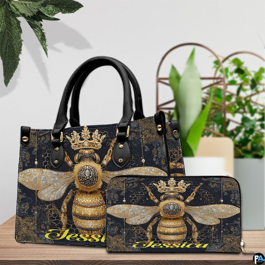 Top down view of queen bee handbag showing zipper closure and interior opening.