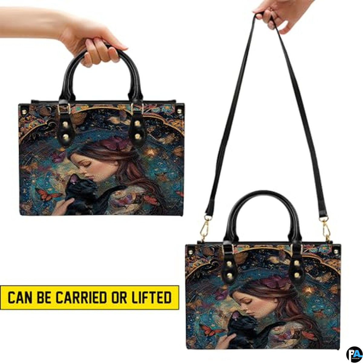 Black Cat Leather Bag – Vintage Cat Art Handbag, Stylish Animal-Themed Purse, Unique Gift for Cat Lovers