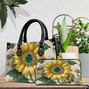Front view showing large golden sunflower, emerald crystal center, and damask background