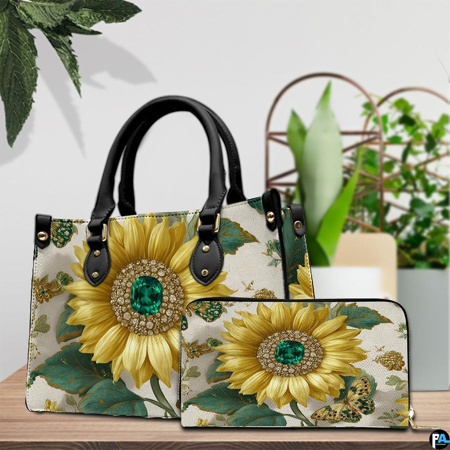 Front view showing large golden sunflower, emerald crystal center, and damask background
