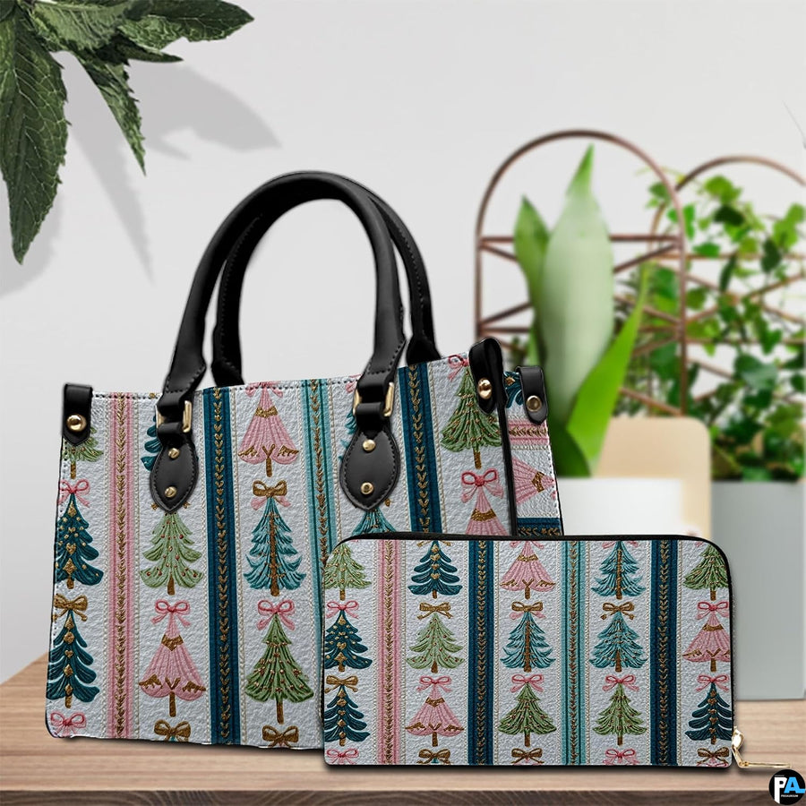 Indoor tabletop presentation of ornate holiday tree striped item beside potted houseplant