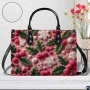 Close perspective emphasizing textured pink background with holly berries and snowflake motifs