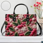 Close perspective emphasizing textured pink background with holly berries and snowflake motifs