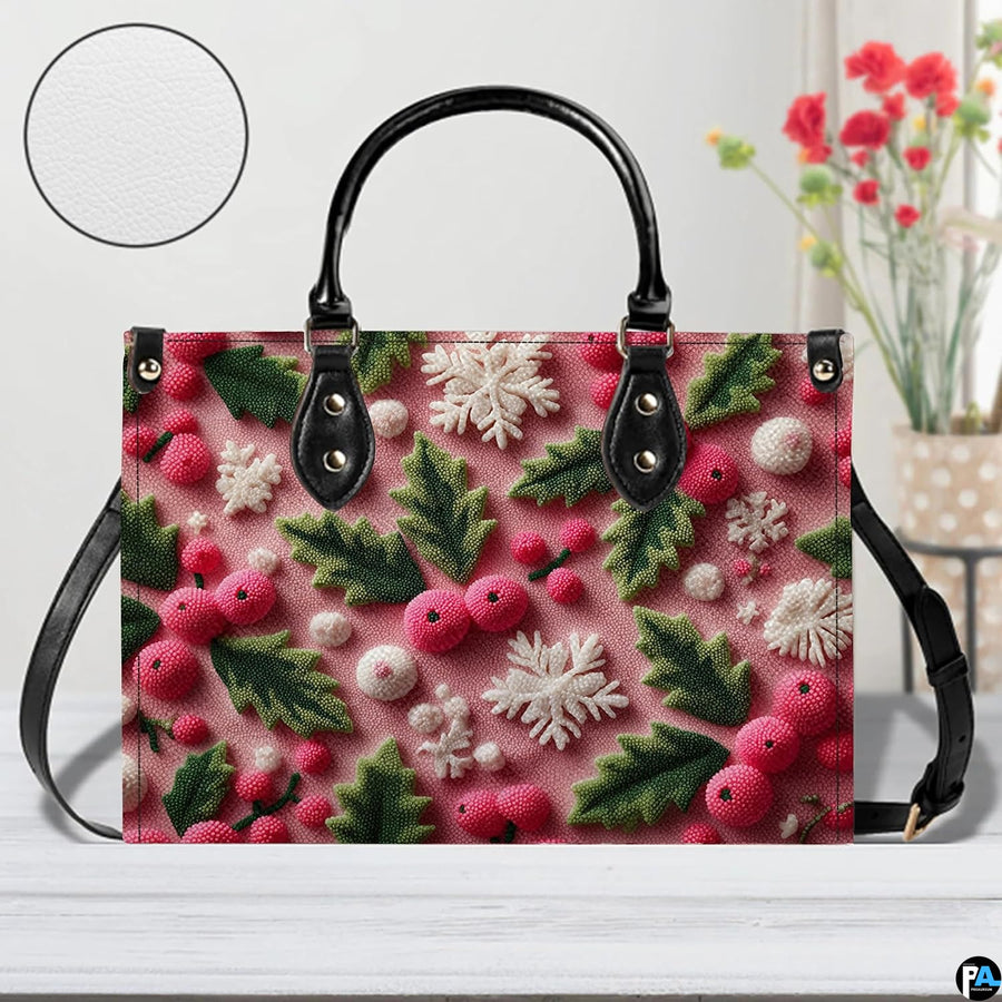 Close perspective emphasizing textured pink background with holly berries and snowflake motifs
