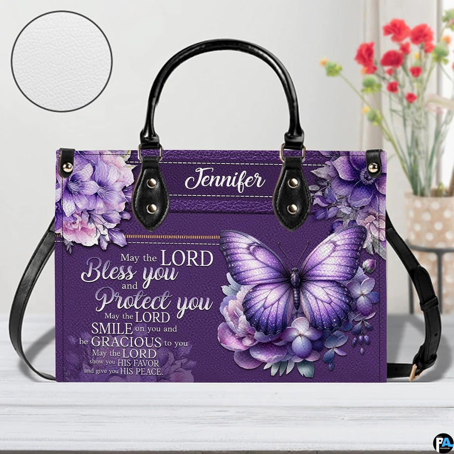 Side profile showing structured silhouette and purple panel of violet butterfly handbag.