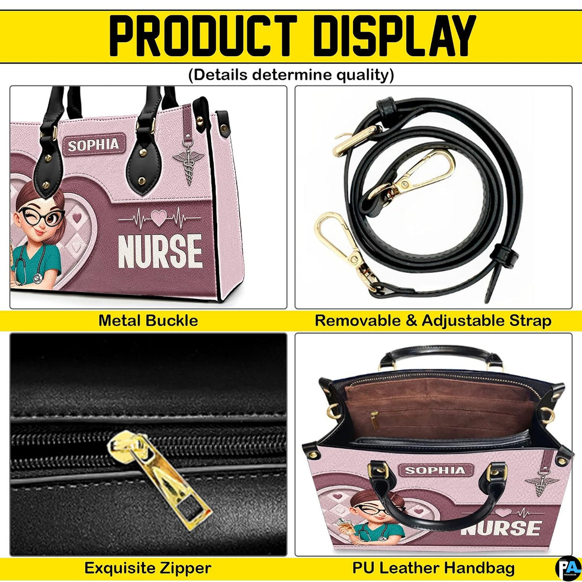 Four-panel showcase illustrating design details, hardware, and interior layout.