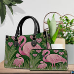 Side profile view showing structured shape and carrying handles of the flamingo handbag.