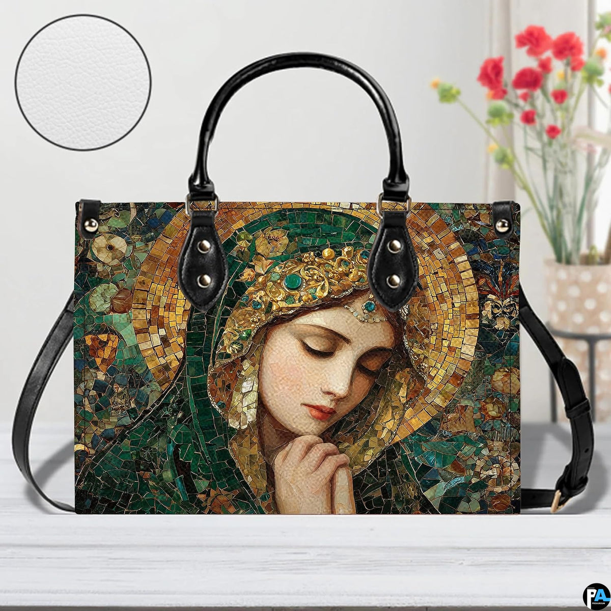 Handbag displayed outdoors in daylight showing shimmering mosaic tile details.