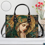 Handbag displayed outdoors in daylight showing shimmering mosaic tile details.